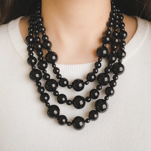 Monet Jewelry - Vintage Monet Black Ball Round Beaded Multi Strand Statement Bib Necklace